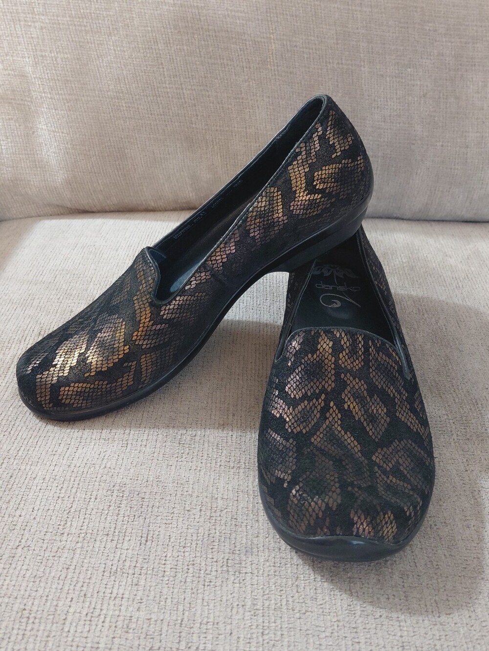 Dansko Black and Gold Snake-Print Slip-On Flats Women's Size 7 Loafers